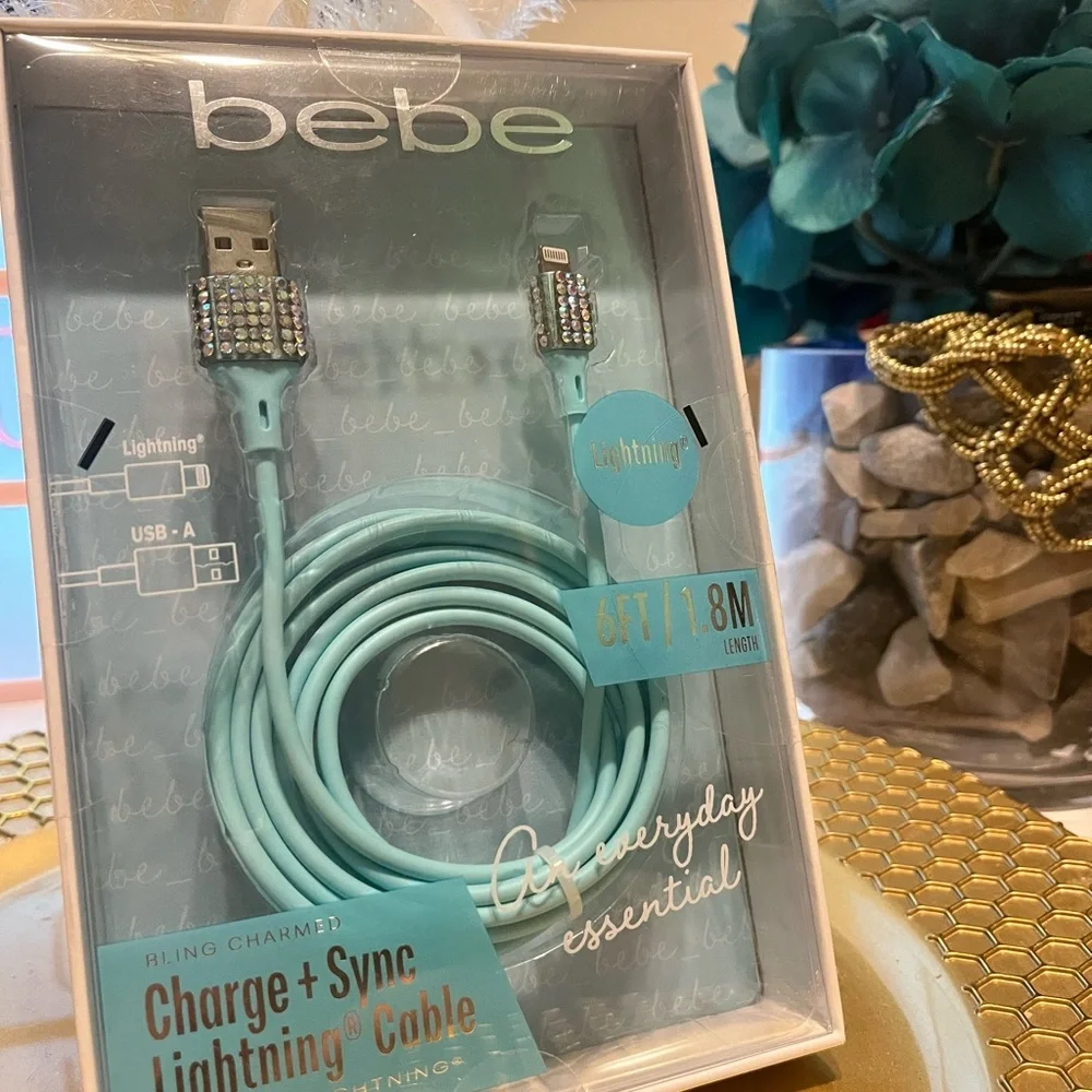 Bebe Aqua Lightning Cable with Rhinestone Accents cellphone